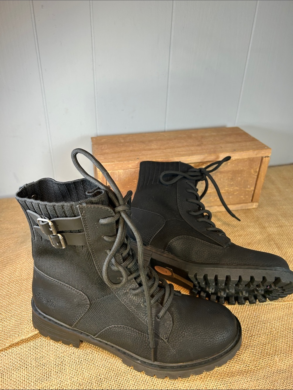 Blowfish Black Lace-Up Buckle Combat Boots - Picture 8 of 10